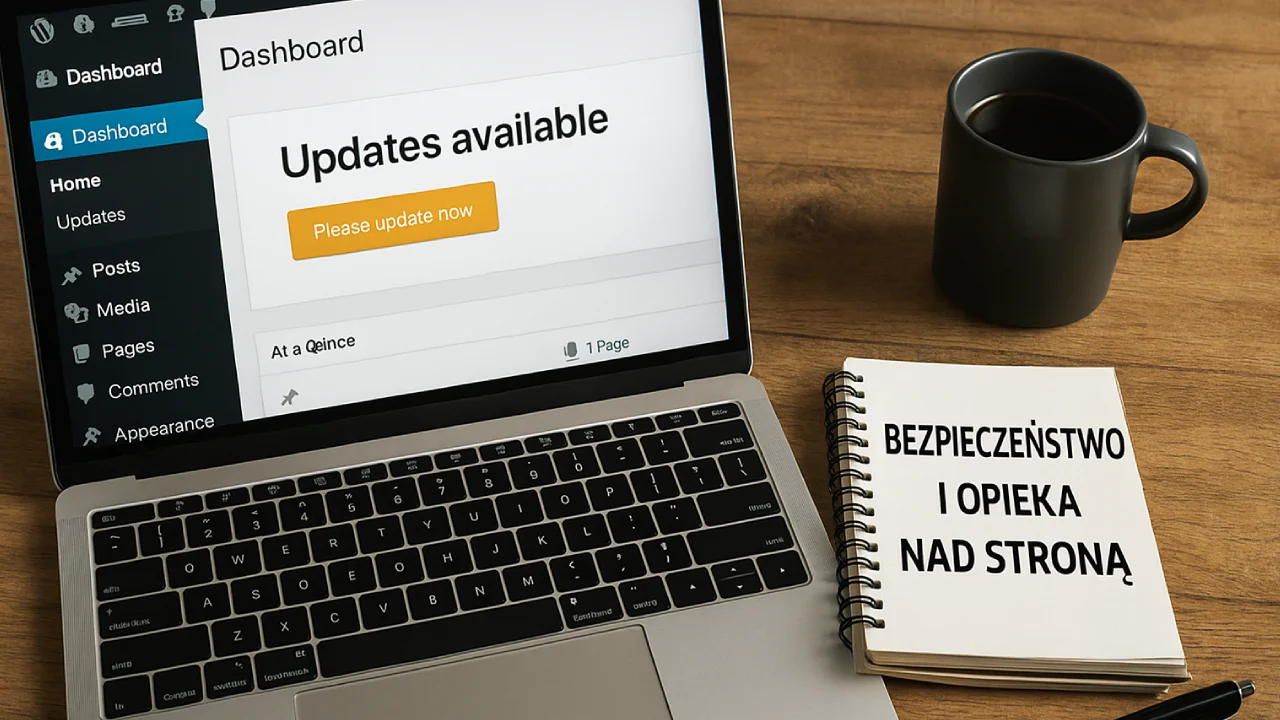 Laptop z panelem WordPress i notatnikiem – symbol opieki nad stroną WWW i bezpieczeństwa online