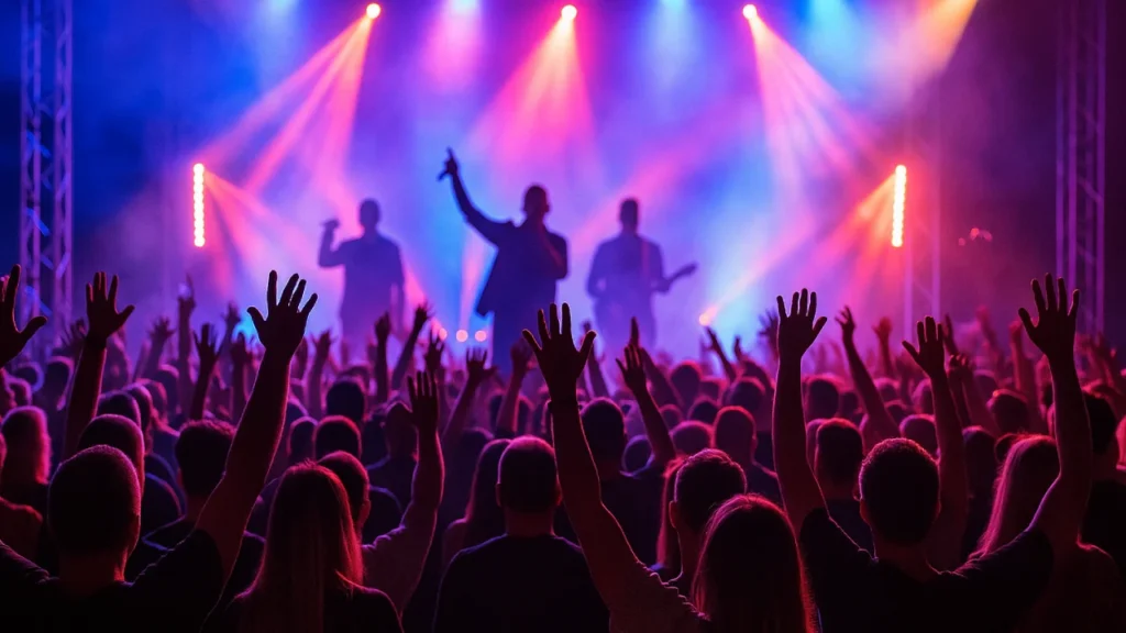 Koncert disco polo – scena, publiczność i kolorowe światła symbolizujące popularność gatunku