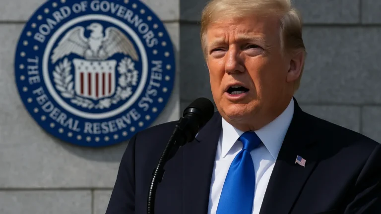 Donald Trump przemawia na tle emblematu Rezerwy Federalnej USA, symbolizując napięcia między Białym Domem a niezależnością Fed.