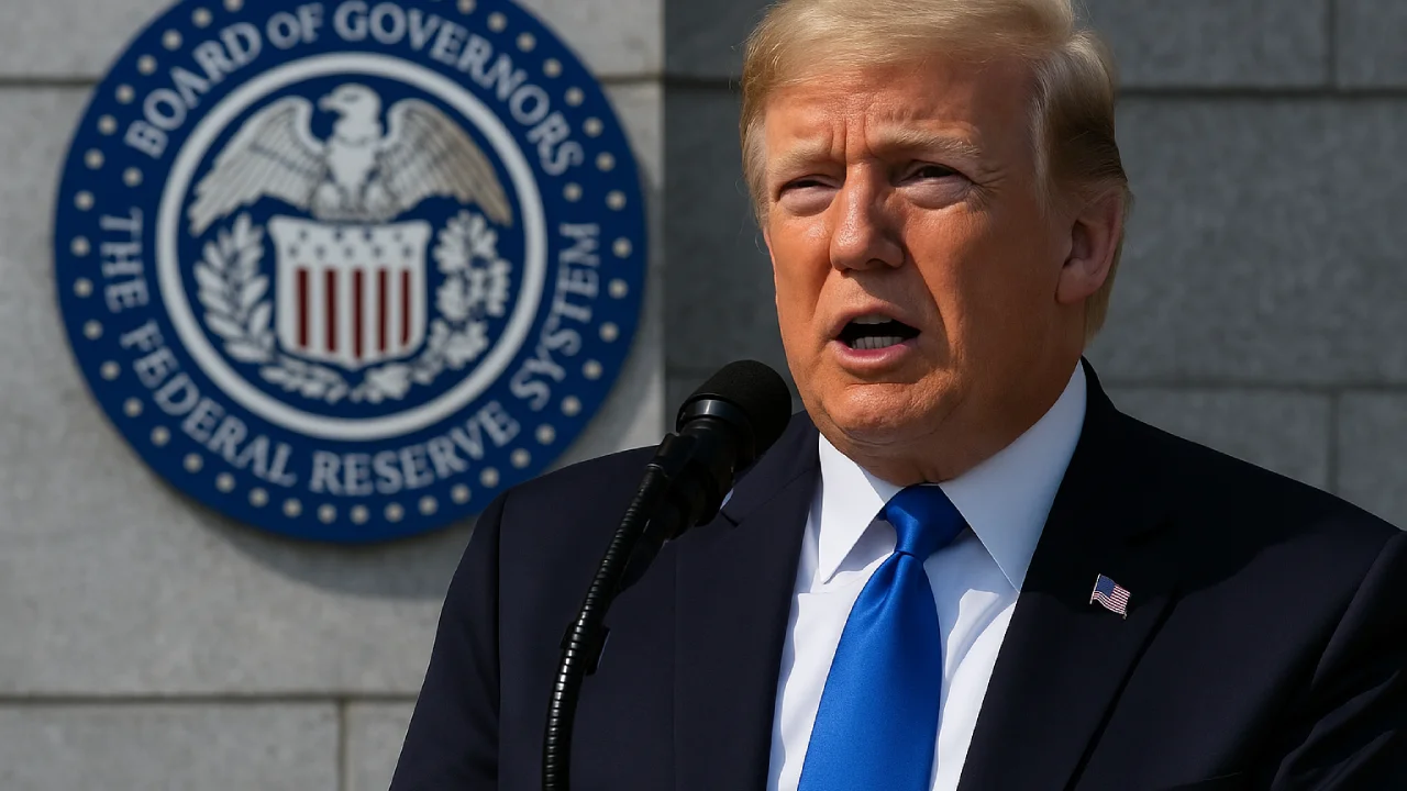Donald Trump przemawia na tle emblematu Rezerwy Federalnej USA, symbolizując napięcia między Białym Domem a niezależnością Fed.