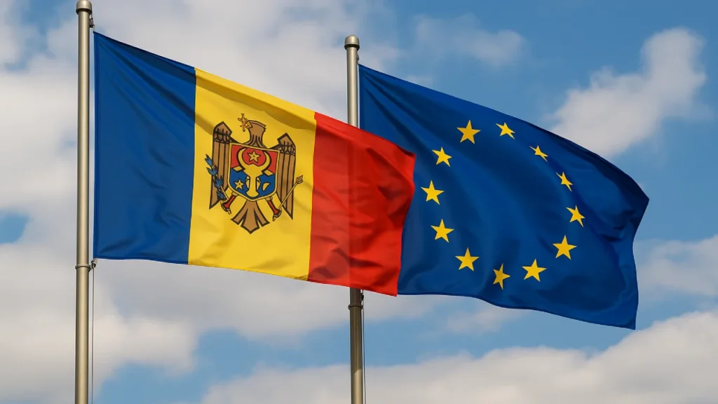 Flagi Mołdawii i Unii Europejskiej powiewające obok siebie na tle nieba – symbol integracji i europejskiego wsparcia dla Kiszyniowa