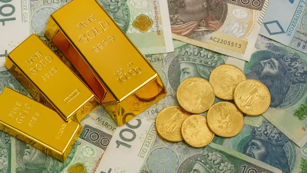Złote sztabki i monety na tle banknotów – inwestowanie w złoto w Polsce