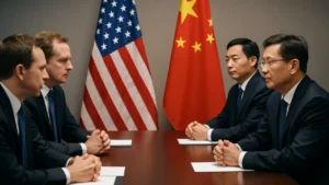 Negocjacje handlowe między USA a Chinami przy stole z flagami obu krajów