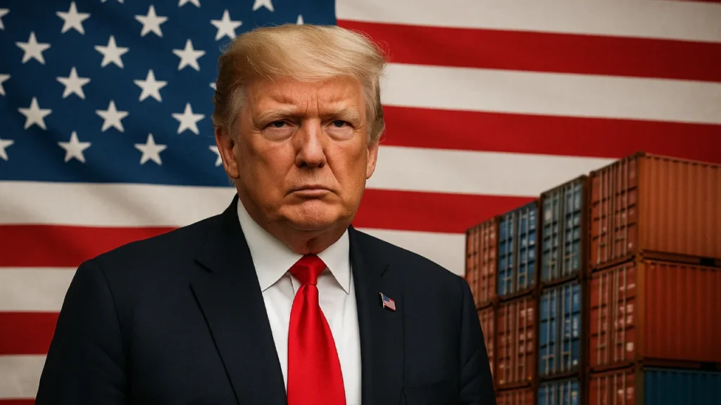 Donald Trump na tle flagi USA i kontenerów transportowych – symbol sporu o politykę celną