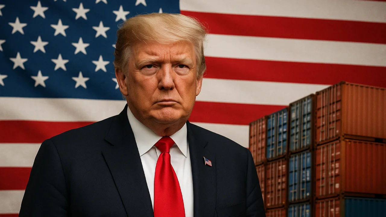 Donald Trump na tle flagi USA i kontenerów transportowych – symbol sporu o politykę celną