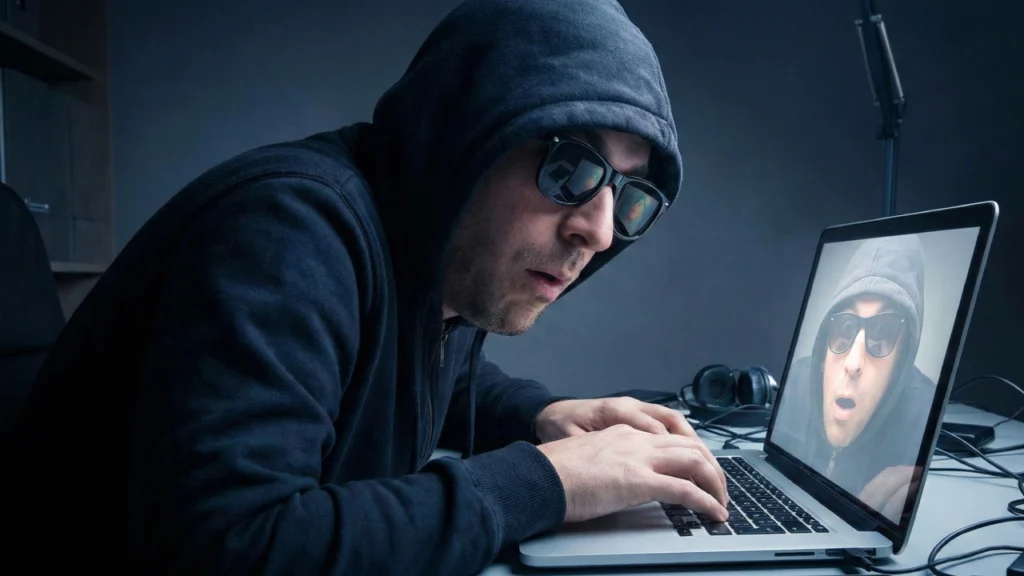 Zaskoczony mężczyzna patrzy w ekran laptopa w ciemnym pokoju, symbolizując brak wiedzy o działaniu trybu incognito