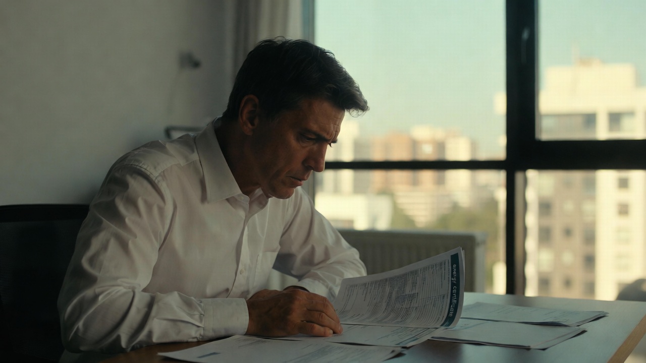 Właściciel mieszkania sprawdzający dokumenty dotyczące świadectwa energetycznego