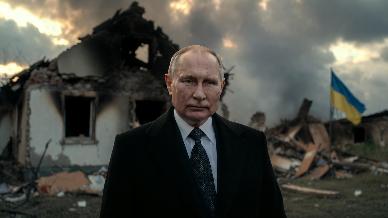 Władimir Putin na tle zniszczonego domu w Ukrainie i ukraińskiej flagi