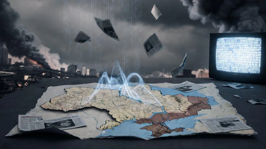 Wojna informacyjna Rosji przeciw Ukrainie przedstawiona symbolicznie jako propaganda i manipulacja mediami