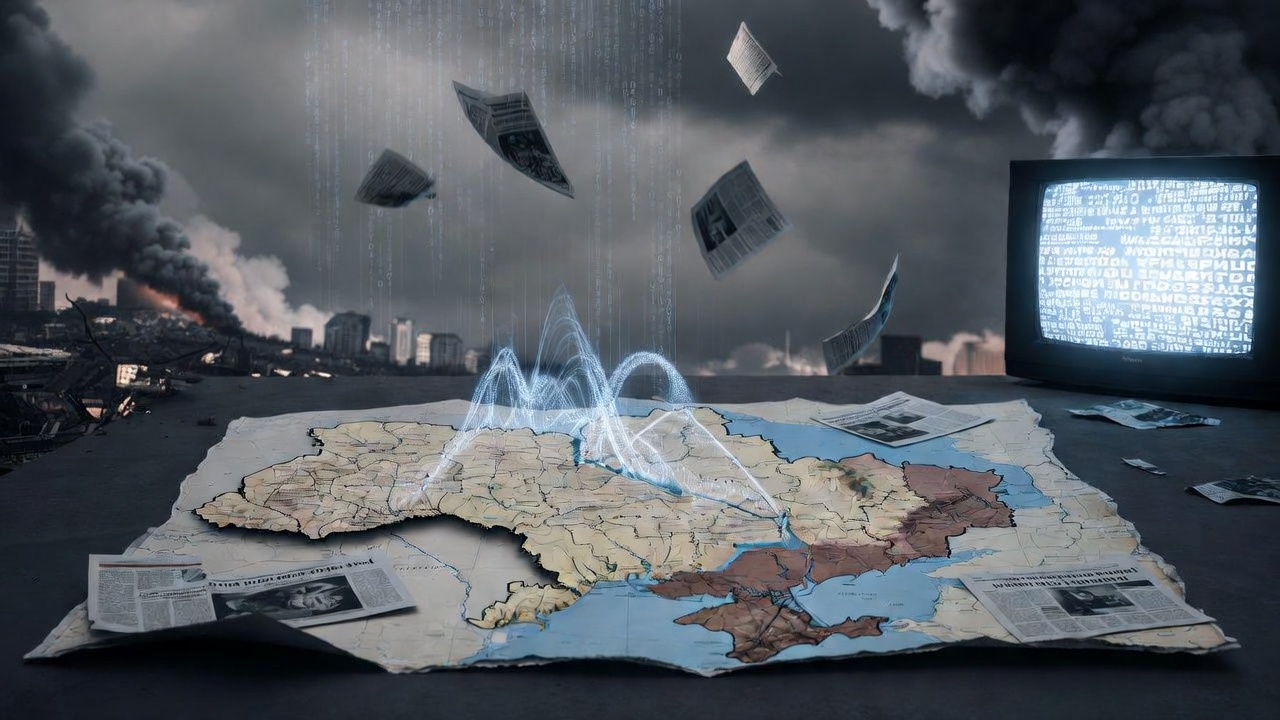 Wojna informacyjna Rosji przeciw Ukrainie przedstawiona symbolicznie jako propaganda i manipulacja mediami