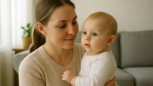 Mama trzymająca niemowlę w domowym otoczeniu – budowanie odporności dziecka