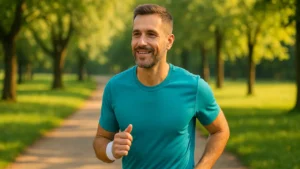 Mężczyzna uprawiający jogging w parku – aktywność fizyczna jako element profilaktyki nowotworowej